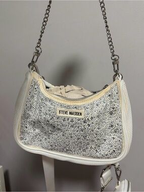 Steve Madden White and Silver Sequin Chain-Handle Shoulder Bag